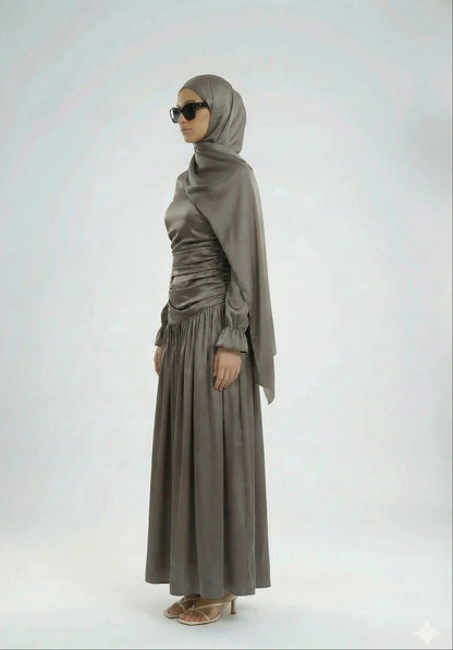 Elegant warm grey luna dress side view 