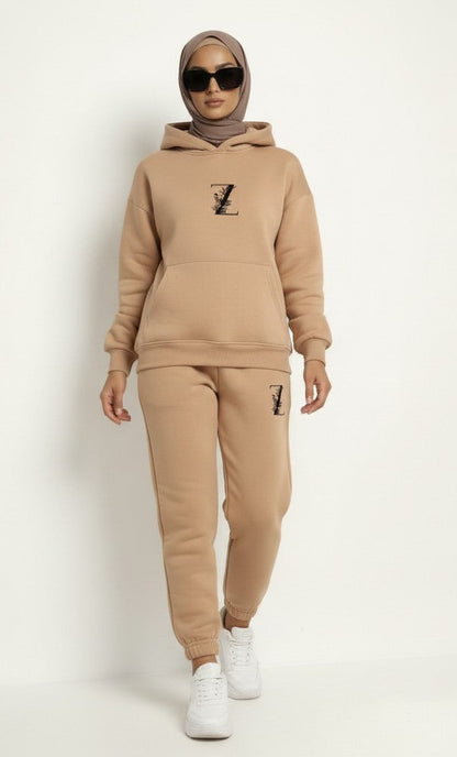 beige color Hoodie + Joggers Zarella set on a hijab model