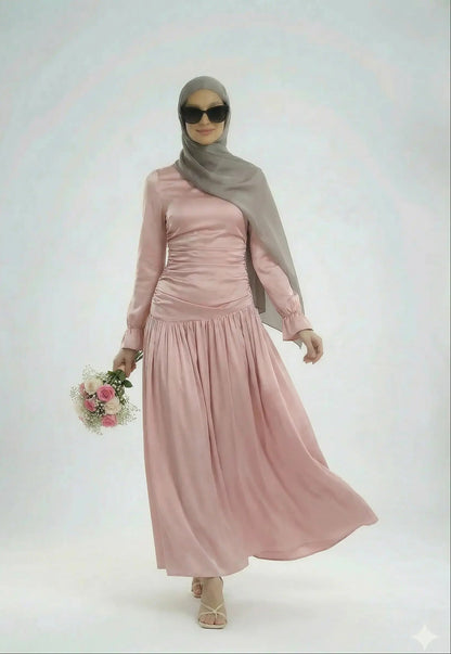 dusty pink Luna dress on a runway model 