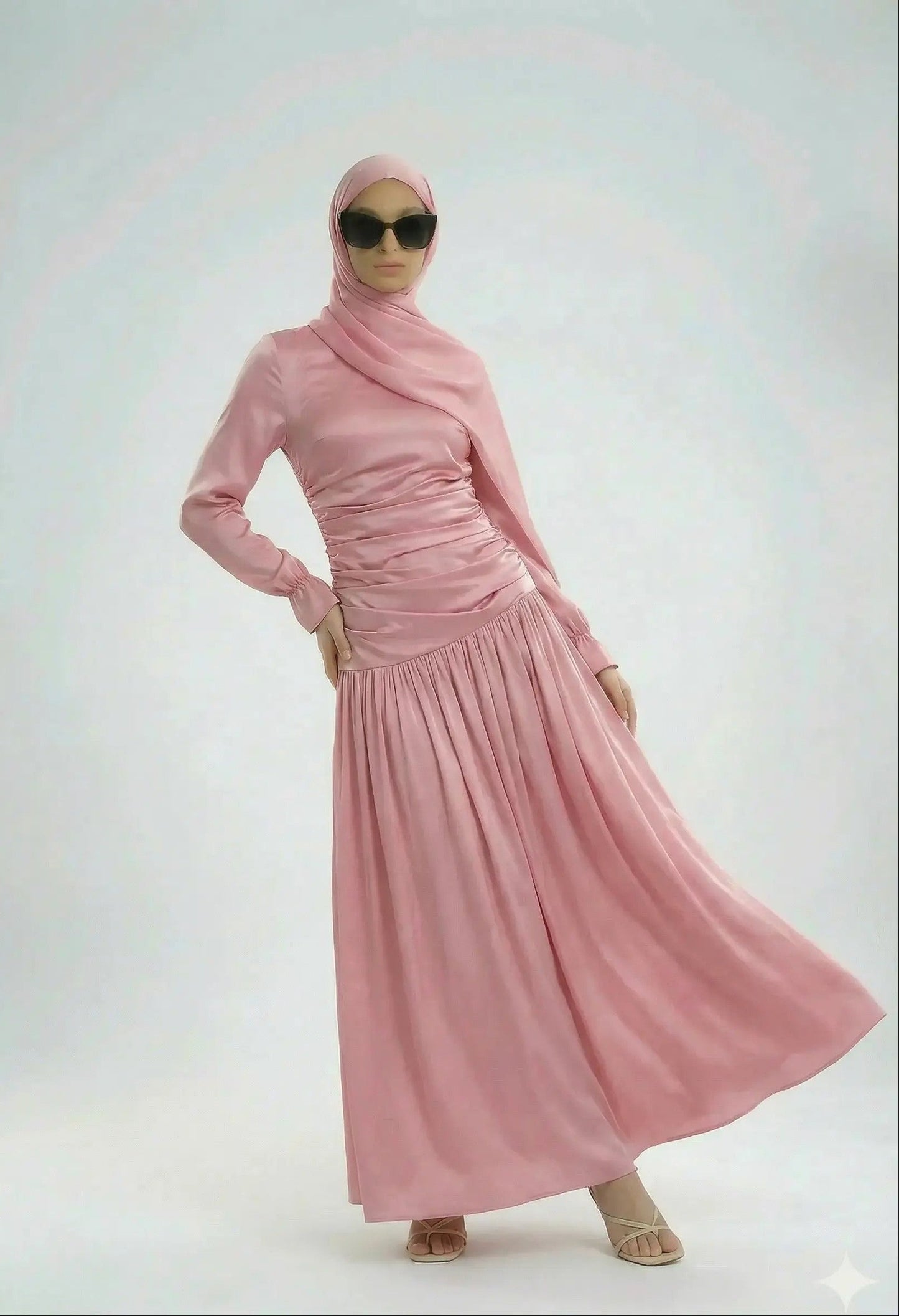 elegant model posing wearing dusty pink Luna dress