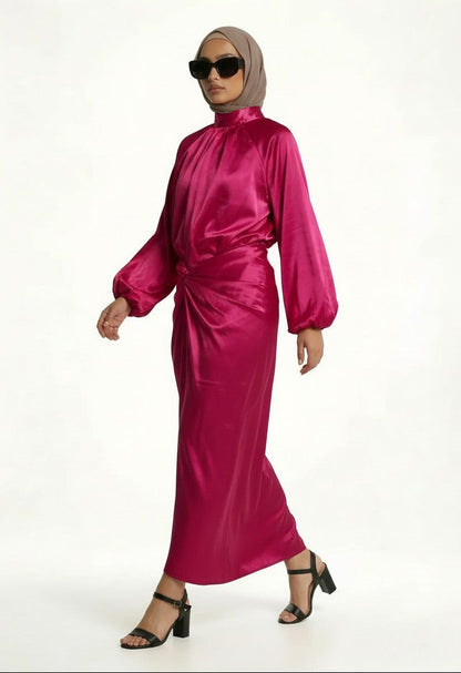hijab model wearing Olivia Two Piece Dress front side right view