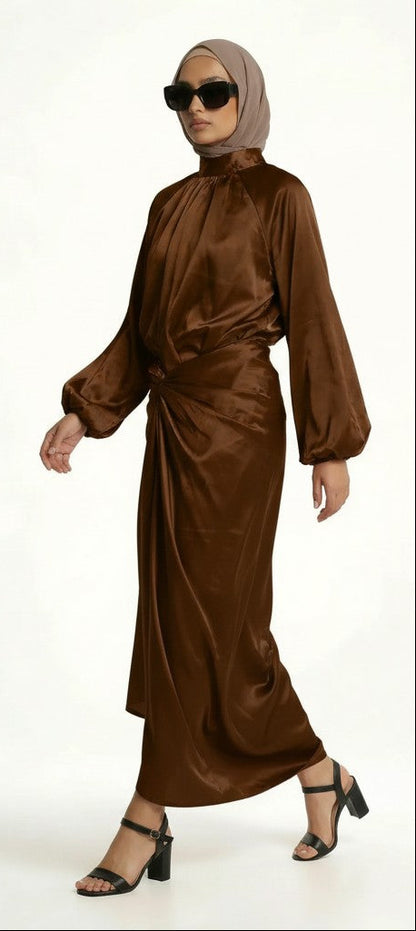 hijab model wearing Olivia Two Piece Dress front side right view zarelladesign