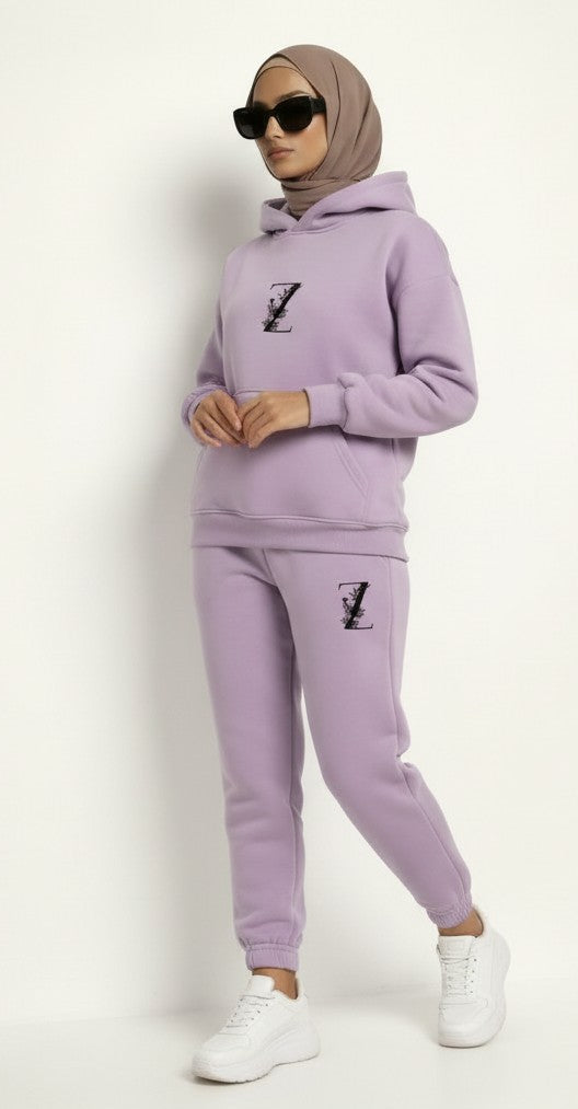 model  view wearing light purple Hoodie + Joggers Zarella set