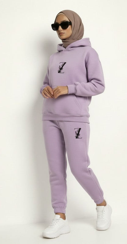 model  view wearing light purple Hoodie + Joggers Zarella set