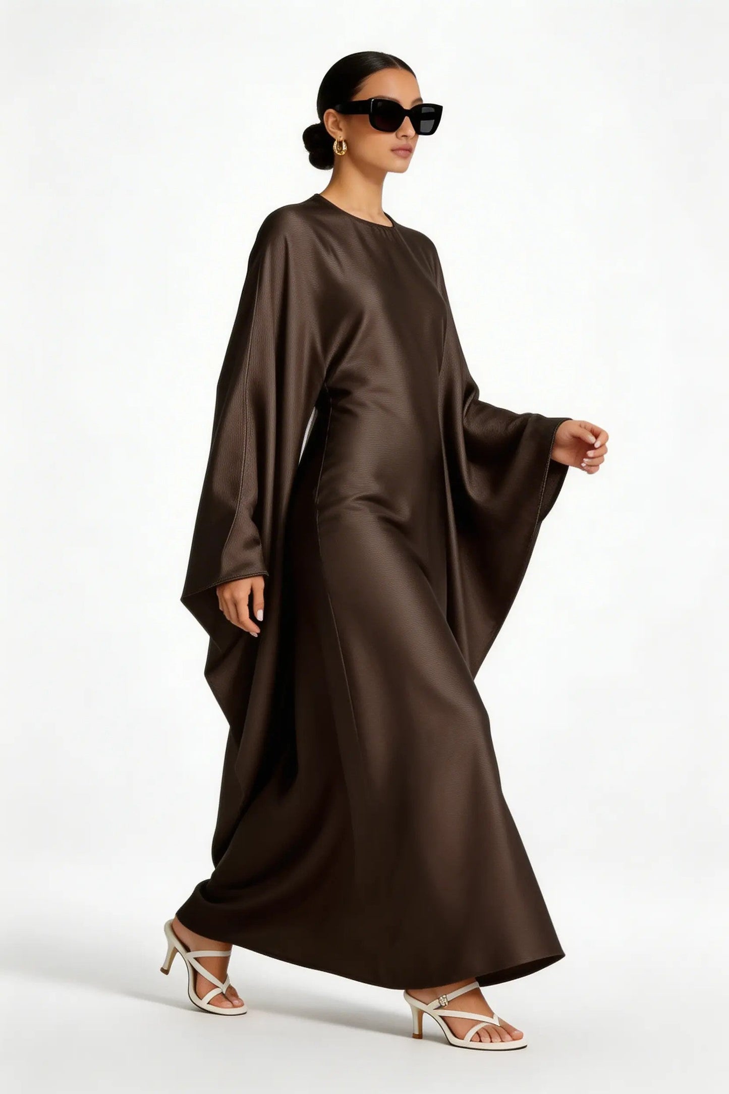 model wearing Kaftan dress front right side view