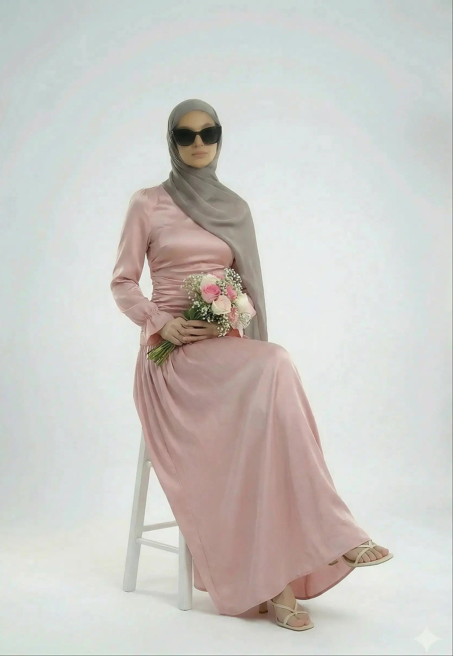 model wearing Luna dress sitting  and holding flowers wearing Luna dress 