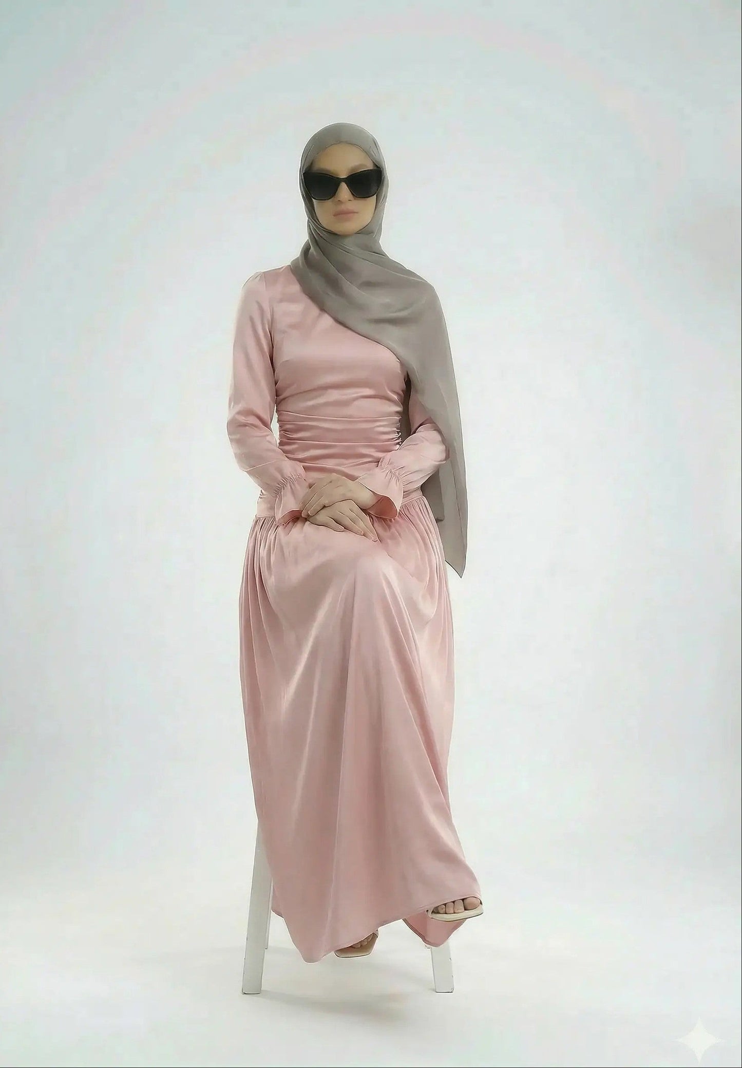 sitting front view of a Luna dress model